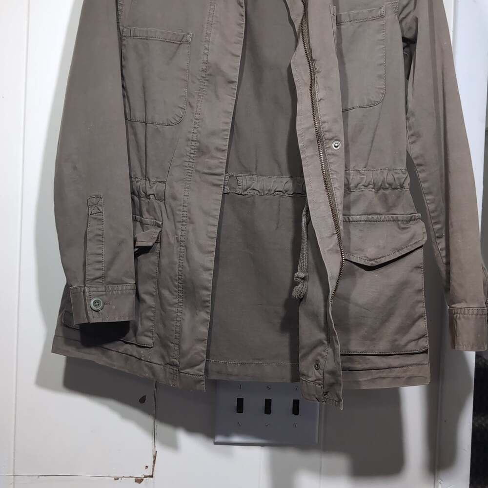 Hinge Jacket Utility Cargo Style Brown Zip Snap Front Elastic Waist Pockets XXS - Picture 2 of 5